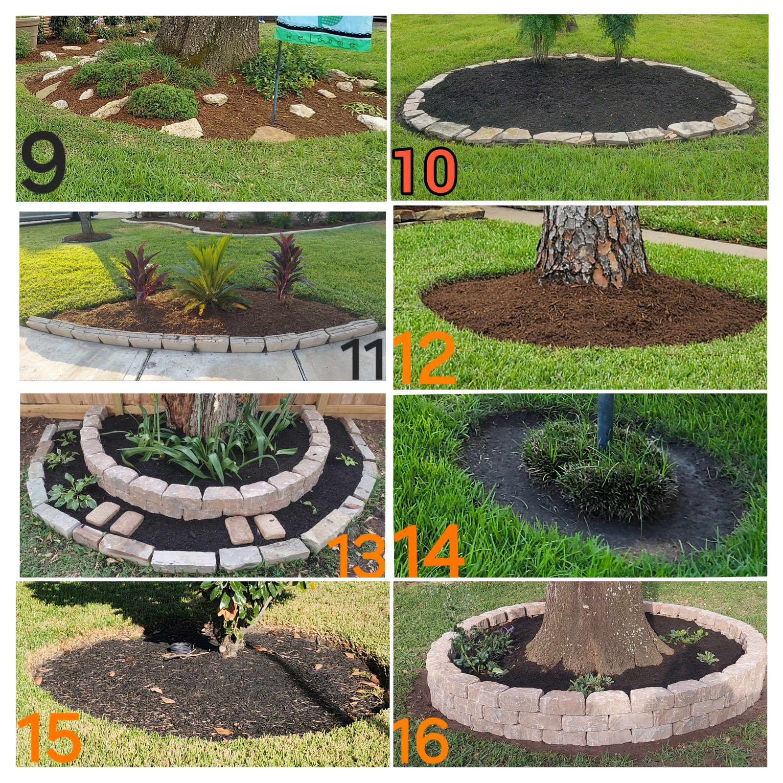 Collage of eight numbered photos, 9 to 16, of finished tree rings and flower beds with stone and paver borders